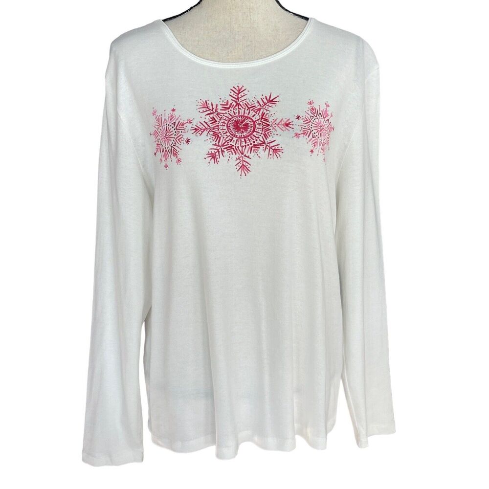 Karen Scott X-Large Top Holiday Christmas Snowflakes Long Sleeve Stretch White